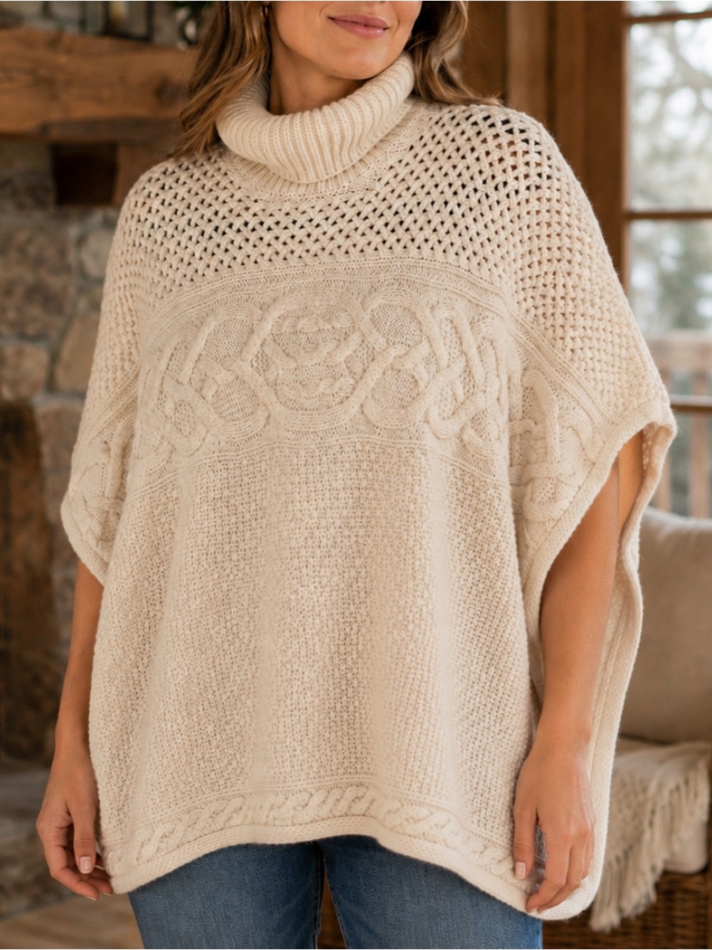Ralph Lauren Womens Cream Ivory Chunky Cable Knit Sweater Poncho Petite Small